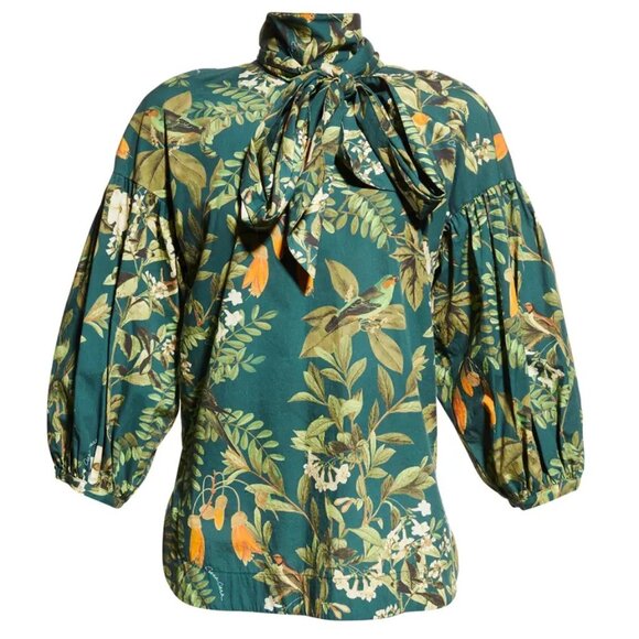 Cara Cara Diane Blouse / Medium / Botanical Birds Emerald Green Bow Balloon - Picture 6 of 14